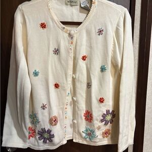 Cream Cardigan with Colorful Snowflake Embroidery
